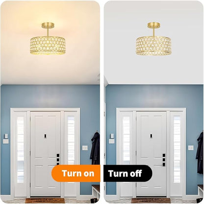 Lxybcce Gold Crystal Ceiling Light Fixture - Modern Semi Flush Mount Ceiling Light for Hallway, Kitchen Lighting Fixtures Ceiling, Dazzling Prism Chandelier for Foyer Closet Bedroom, 3 Light, 12 in