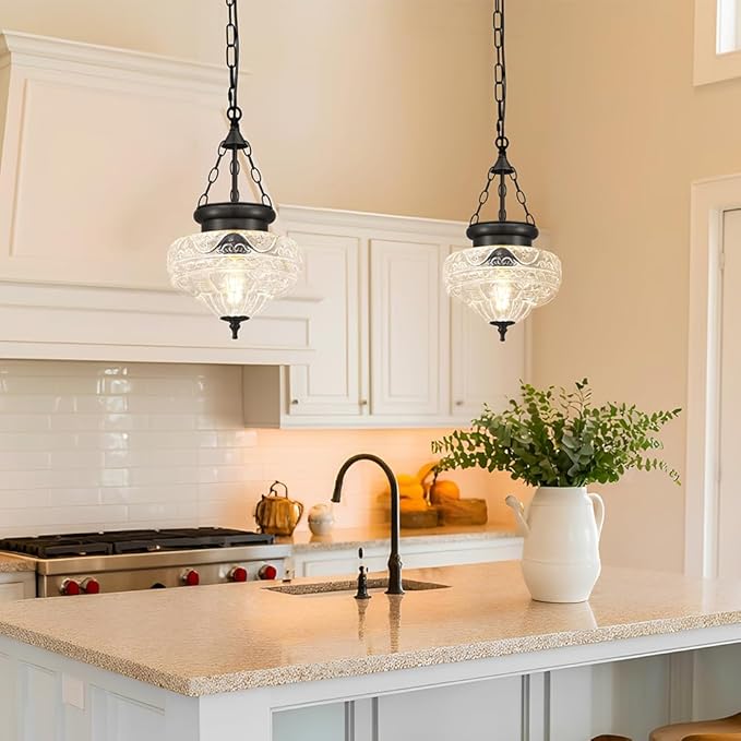 Vintage Pendant Light, Matte Black Pendant Lights Kitchen Island with Unique Thickened Glass, Hanging Lighting Fixtures with Adjustable Chain, Chandelier for Kitchen, Island, Dining Room, Entryway