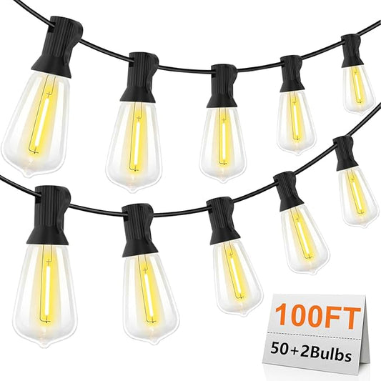 KGC 100FT LED Outdoor String Lights, Weatherproof Heavy Duty Patio Lights with 52 ST38 Shatterproof Edison Bulbs, Dimmable Vintage Bistro Lighting for Garden, Backyard, Pergola, Christmas Party