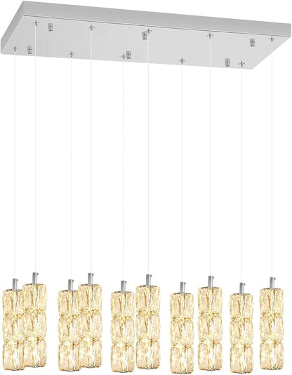 ykolupty Modern Crystal Chandelier 10-Lights Rectangle Pendant Light LED Dimmable Silver Linear Chandelier Flush Mount Crystal Pendant Light for Living Room Dining Room Foyer