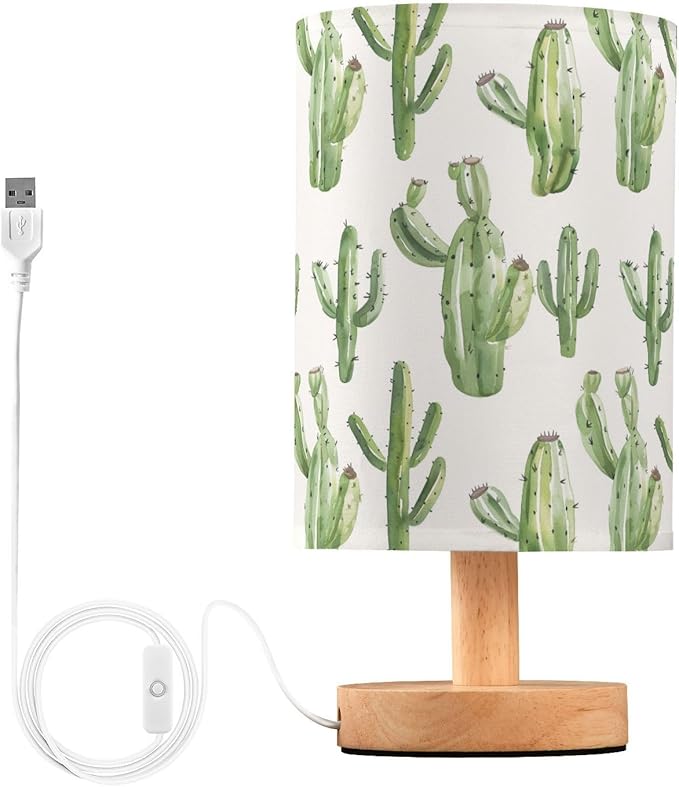 Bedside Table Lamp Cactus Cute Nightstand Lamp with Wood Desk Lamps for Bedroom Living Room Nursery Office Home Decor