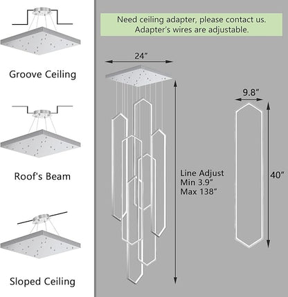 6 Rings Modern Chandelier LED Dimmable Long Large High Ceiling Chandelier Adjust Flush Mount Ceiling Light for Entrance Foyer Lobby Staircaes