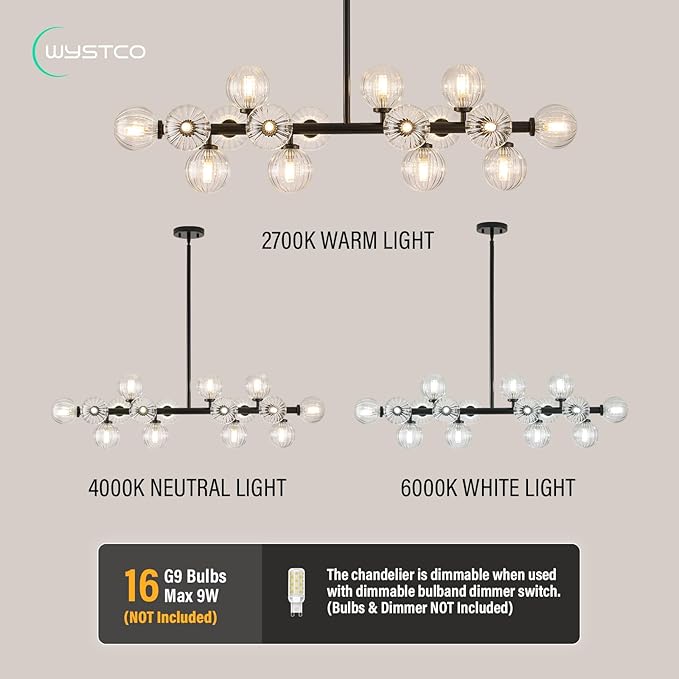 16-Light Globe Sputnik Chandelier, Linear Dining Room Light Fixture Over Table, Mid Century Modern Black Chandeliers for Dining Living Room, Kitchen Island Lighting (Clear Bubble, 40 Inch)
