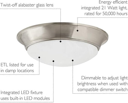 Design House 588848-SN Tess 13-inch Modern Integrated LED Twist Disk Ceiling Light with Alabaster Glass Shade for Bathroom Entryway Living Room, Satin Nickel