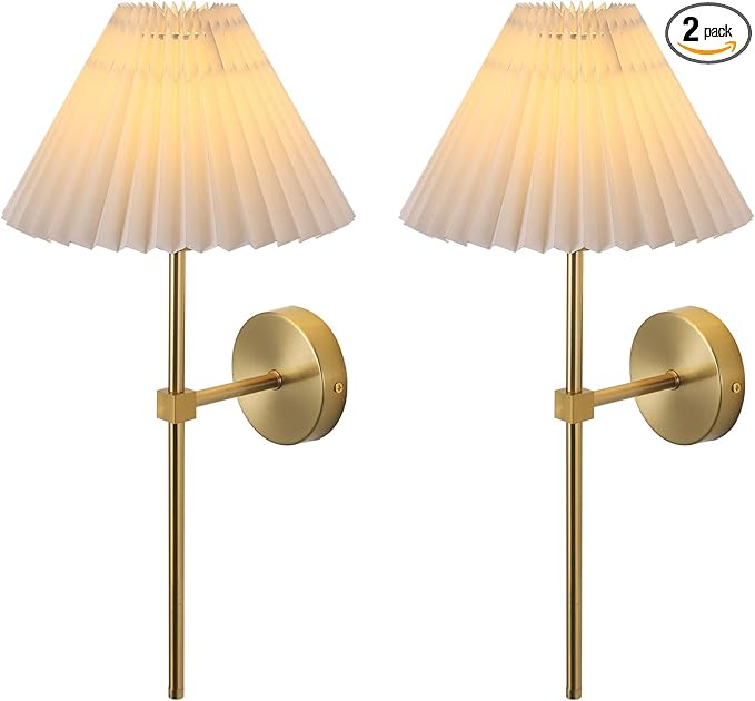 KELUOLY Wall Sconces Sets of 2 White Fabric lampshade Gold Wall Lamp Column Bracket Wall Lighting Bathroom Dresser Hardwired lamp Applicable to Living Room Bedroom Dining Room