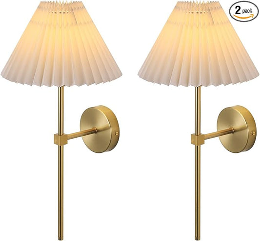 KELUOLY Wall Sconces Sets of 2 White Fabric lampshade Gold Wall Lamp Column Bracket Wall Lighting Bathroom Dresser Hardwired lamp Applicable to Living Room Bedroom Dining Room