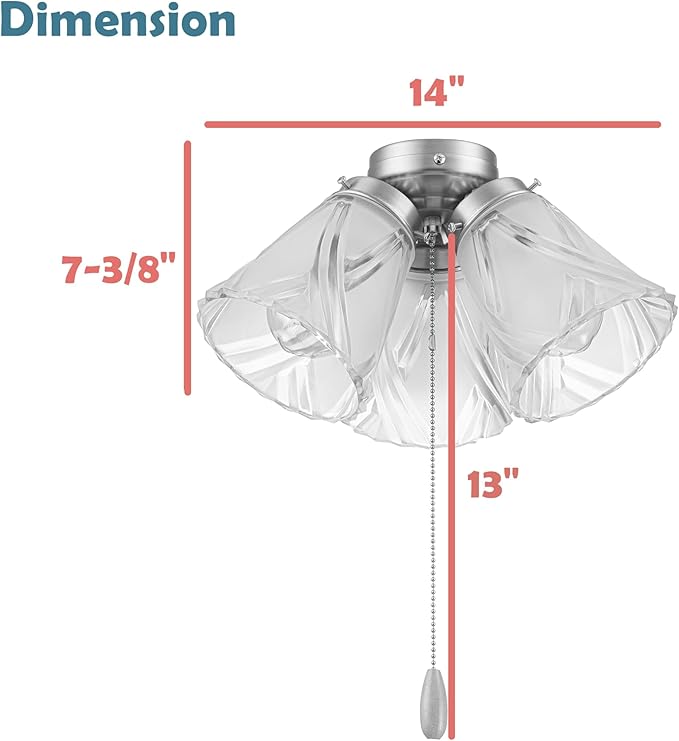 Aspen Creative 22013-3, Three-Light Ceiling Fan Light Kit with Pull Chain, Matte White Finish with Frosted and Clear Glass Shades, 14" Diameter x 7-3/8" Height