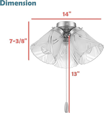 Aspen Creative 22013-3, Three-Light Ceiling Fan Light Kit with Pull Chain, Matte White Finish with Frosted and Clear Glass Shades, 14" Diameter x 7-3/8" Height