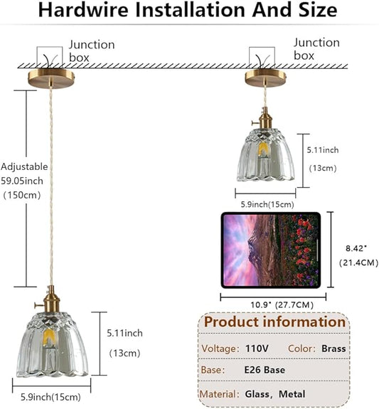 Vintage Pendant Light Mini Glass Pendant Lights 5.9 Inch Gold Hanging Lamp Antique Brass Hanging Light for Living Room Dining Room Bedroom Bathroom Hallway Entryway Kitchen Island