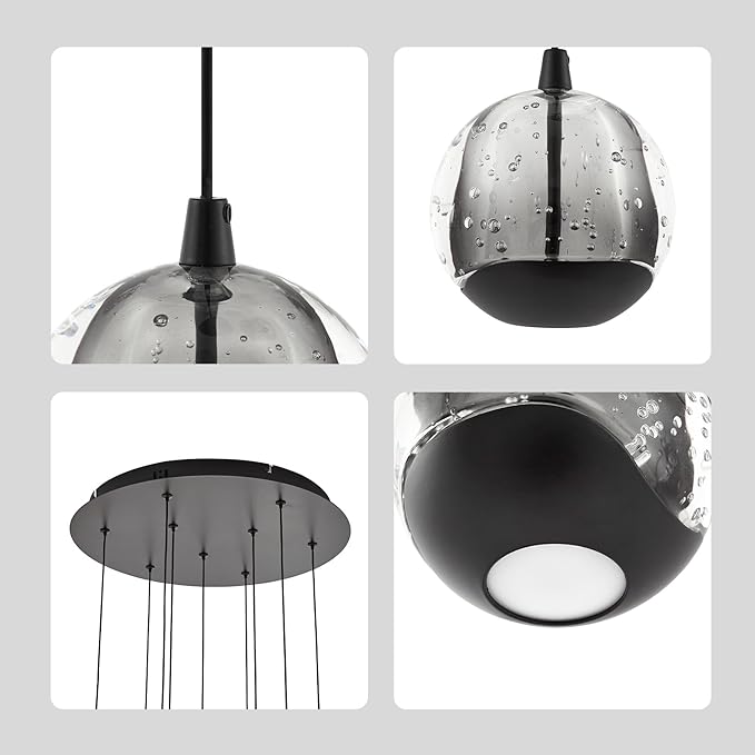 9-Light Modern Black Glass Globe Chandelier, Hanging Cluster Pendant Light Kitchen Island & Foyer Chandelier, Warm White 3000K, 4230 Lm, LED Modern Chandelier, Ø 15.75 in