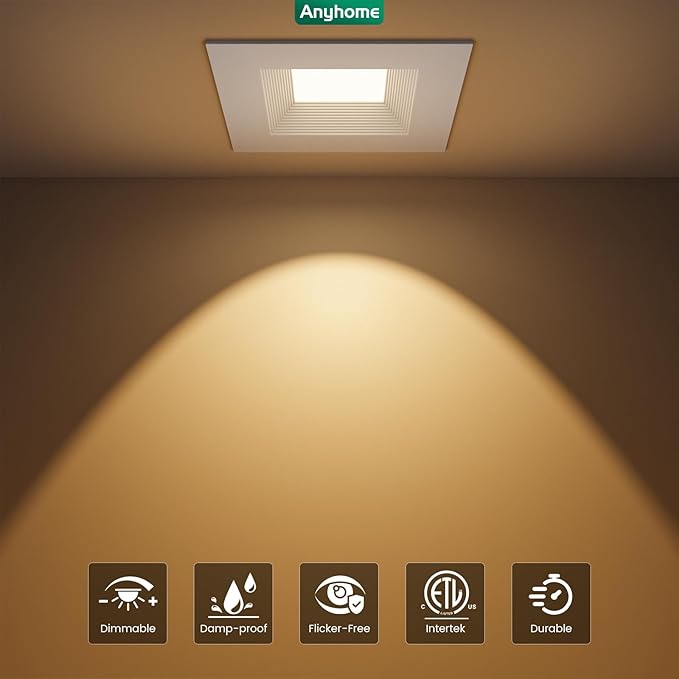 6 Pack 6 Inch Square Ultra-Thin Led Recessed Lighting,Recessed Led Downlight with Junction Box,5CCT 2700K-5000K Dimmable,with Baffle Anti-Glare,11W 900LM,ETL & ES