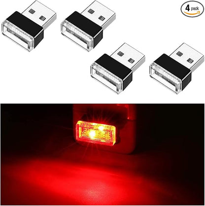 Ziciner 4 PCS USB LED Car Interior Atmosphere Lamp, Portable Mini LED Night Light, Plug-in USB Interface Trunk Ambient Lighting Kit, Universal Car Interior Accessories (Red)