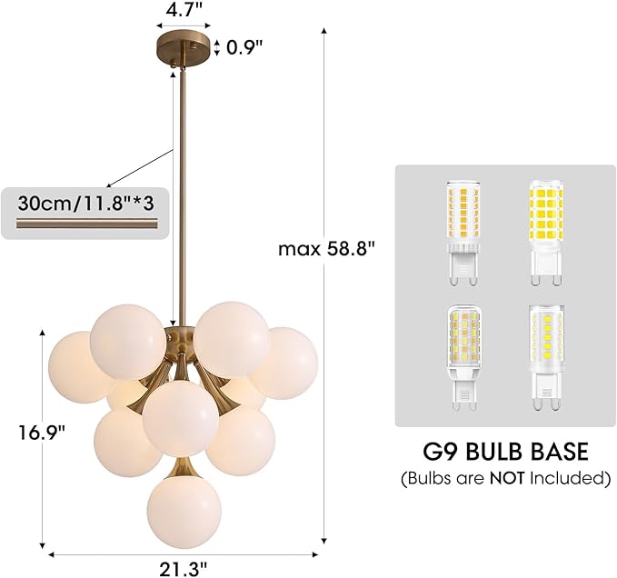 Mid Century Modern Chandelier,Gold Globe Sputnik Chandeliers,10 Lights Pendant Lighting Fixture, for Dining Living Room, Kitchen Island