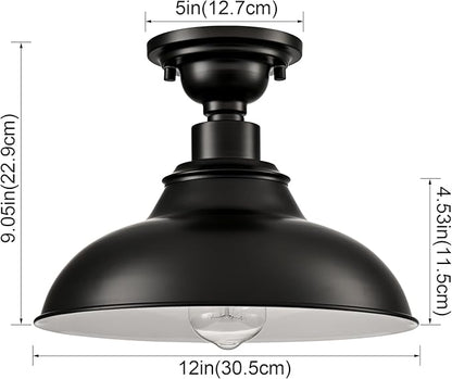 SAMTEEN 12-Inch Farmhouse Semi Flush Mount Ceiling Light Black 1-Light Industrial Barn Ceiling Light Matte Black Hallway Light Fixtures Ceiling for Bedroom Kitchen Foyer Loft