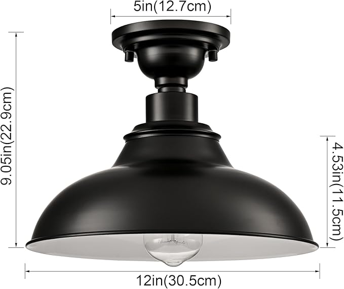 SAMTEEN Farmhouse Black Semi Flush Mount Ceiling Light 2 Pack Modern Barn Ceiling Light Fixtures 12-Inch Matte Black Flush Mount Light for Hallway Bedroom Kitchen Loft