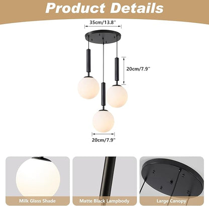 KCO Lighting 3 Light Globe Cluster Pendant Light Modern Large Milk Glass Chandelier Mid Century Black Cluster Chandelier Pendant Lighting Vintage Multi Light Hanging Ceiling Fixture