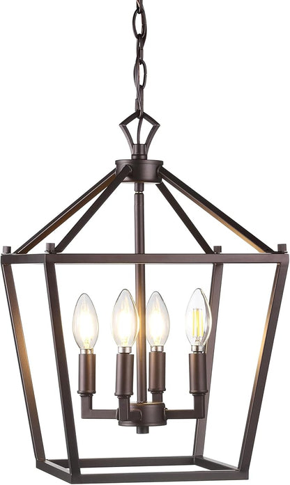 JONATHAN Y 12" Oil Rubbed Bronze Lantern Pendant Light, 4-Light Pagoda Style Metal Cage Farmhouse Hanging Ceiling Fixture for Kitchen Island, LED Bulb Included (JYL7436A)