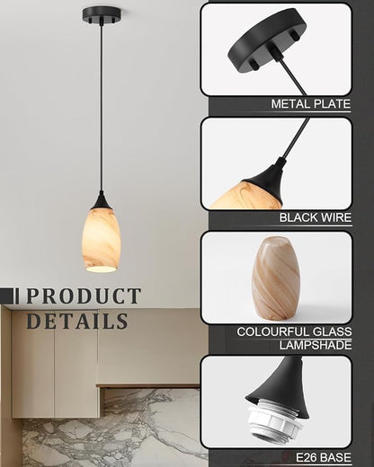 ANYLOVE Vintage Art Brown Stripe Pendant Lighting,3-Pack Hand Glass Hanging Light Fixture,Adjustable Cord for Kitchen,Hallway,Dining Room