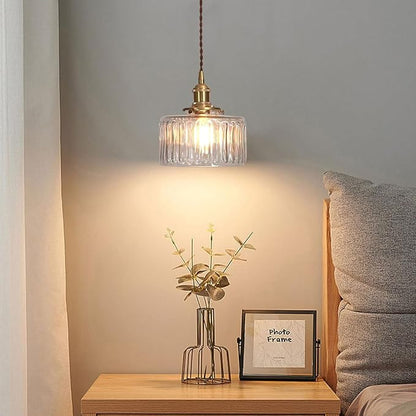 Glass Hanging Lights Kitchen Island Brushed Gold Ceiling Pendant Light Clear Round Light Fixture Striped Glass Shade Vintage Modern Pendant Lighting Chandelier Farmhouse Dining Room