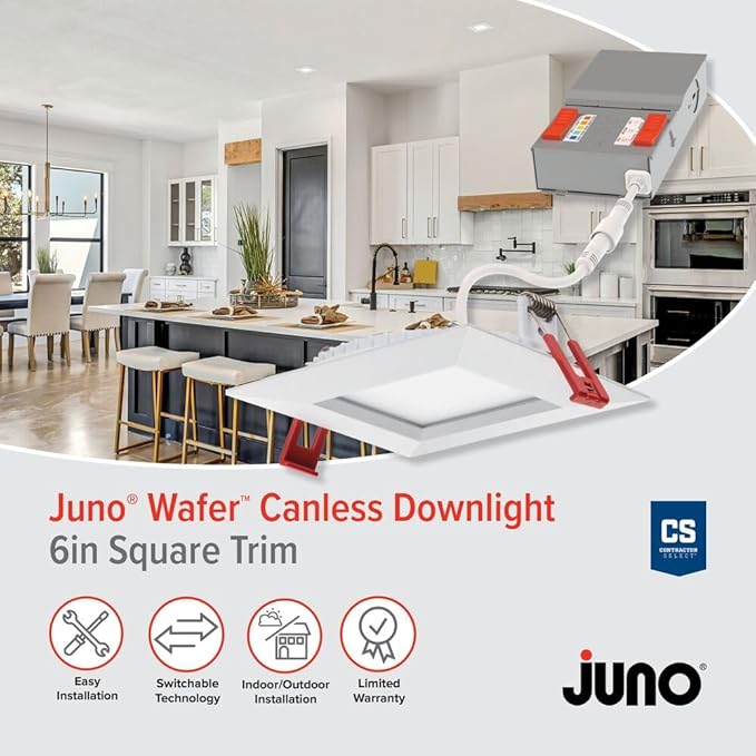 Juno LED Recessed Lights 6 Inch Square Wafer Downlight, 5-in-1 Switchable White Color Temperature, Adjustable Brightness, 120 Volts, 6-Inch Trim, 1 Pack, Matte White