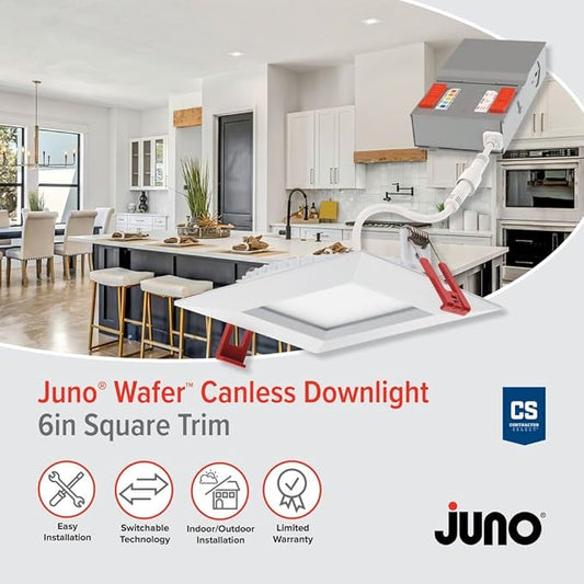 Juno LED Recessed Lights 6 Inch Square Wafer Downlight, 5-in-1 Switchable White Color Temperature, Adjustable Brightness, 120 Volts, 6-Inch Trim, 1 Pack, Matte White