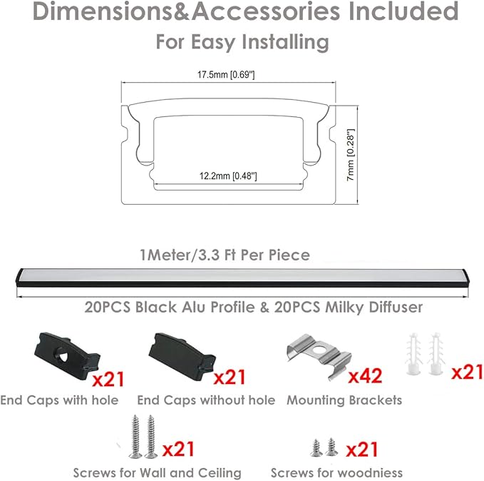 Besseto 20Pack 3.3Ft/1M Black LED Aluminum Channel,LED Strip Light Diffuser Aluminum Channel Profile Housing Track for Under Cabinet Counter and Stairs (Black-20Pack 3.3ft)