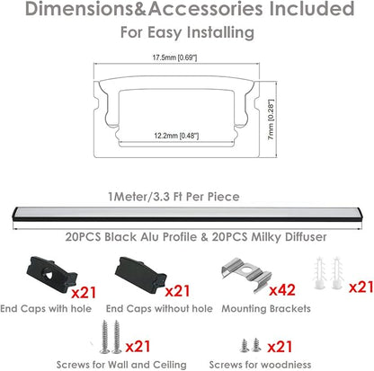 Besseto 20Pack 3.3Ft/1M Black LED Aluminum Channel,LED Strip Light Diffuser Aluminum Channel Profile Housing Track for Under Cabinet Counter and Stairs (Black-20Pack 3.3ft)