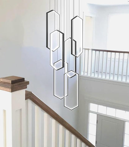 6 Rings Modern Chandelier LED Dimmable Pendant Lighting Adjust Flush Mount Ceiling Light for Foyer Lobby Living Room Staircaes Black