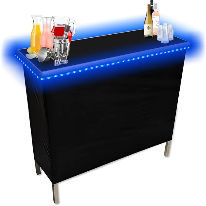 Folding Portable Party Bar w/Patended LED Lights, Black & Hawaiian Bar Skirts, Storage Shelf, & Carrying Case