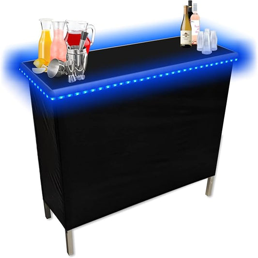 Folding Portable Party Bar w/Patended LED Lights, Black & Hawaiian Bar Skirts, Storage Shelf, & Carrying Case