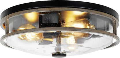 16 Inch Large Flush Mount Ceiling Light Fixture with Seeded Glass, Wood Grain Round Ceiling Lamp Shade, Modern Farmhouse Indoor Outdoor Ceiling Lighting for Kitchen Dining Living Room Foyer