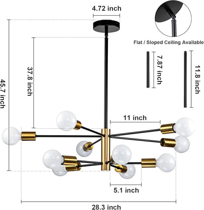 SINERISE Modern Sputnik Chandelier Light Fixture, 10-Light Chandelier Ceiling Light Fixture Black and Gold Mid Century Chandelier Height Adjustable for Kitchen, Living Room, Bedroom, Hallway and Foyer