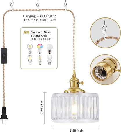 Plug in Pendant Light, Hanging Lights with Plug in Cord, Hanging Light Fixture with Clear Glass, E26 Pendant Lighting for Kitchen Island, Bedroom, Living Room-Transparent Color