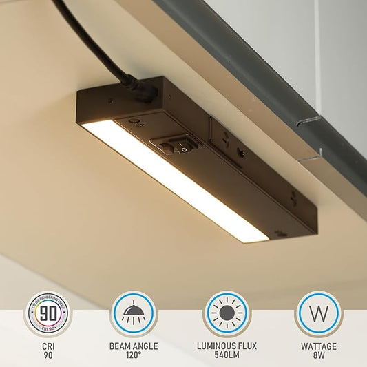 TORCHSTAR 4-Pack 12 Inch LED Under Cabinet Lighting 5CCT, ETL T24, 8W 600LM, Hardwired & Plug-in, 5 Color Selectable CRI90 120V Dimmable Under Counter Lights for Kitchen, Bronze Aluminum Housing