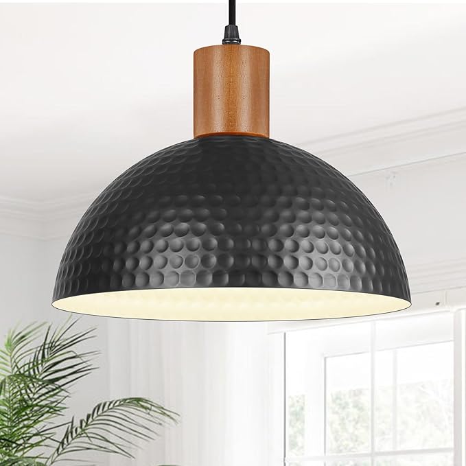 12" Hammered Metal Pendant Light,Black and Wood Pendant Lamp Fixture Ceiling Hanging Light,Modern Industrial Style Dome Hanging Lights for Kitchen Island,Restaurant,Farmhouse Dining Room,Sink,Hallway