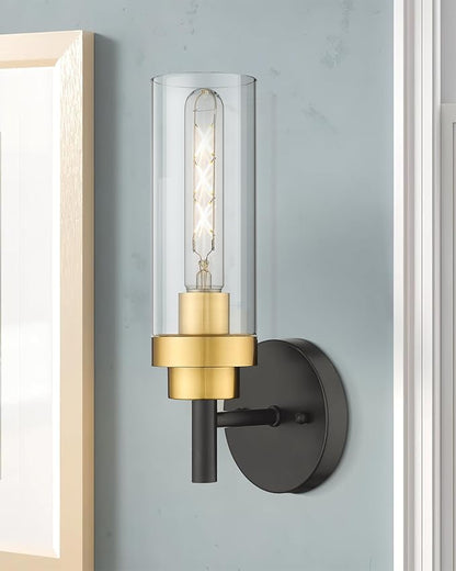 Emak Black and Gold Sconces Wall Decor Set of 2, Bathroom Vanity Light with Clear Glass Shade, Modern Wall Sconce for Bathroom, Bedroom, Living Room, Hallway, WS085-BKBGD-2PK