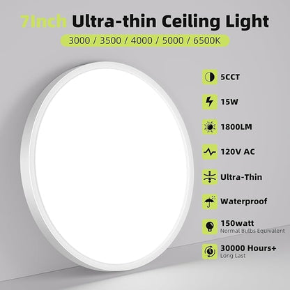 4PACK Flush Mount LED Ceiling Light Fixtures 5 Color Temperatures in One &100W Equivalent Flat Bathroom Ceiling Light,7Inch 15W Thin Round White Surface Flushmount Fixture for Closet,Bedroom,Kitchen