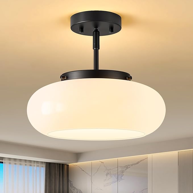 WOKNOS Mid-Century Modern Black Semi Flush Mount Ceiling Light, 3-Light Kitchen Light Fixtures with Glass Shade for Entryway Hallway Bathroom Bedroom (12.6 Inch)