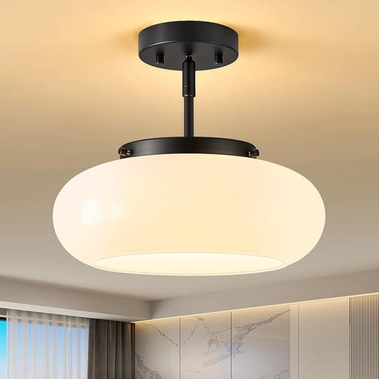 WOKNOS Mid-Century Modern Black Semi Flush Mount Ceiling Light, 3-Light Kitchen Light Fixtures with Glass Shade for Entryway Hallway Bathroom Bedroom (12.6 Inch)