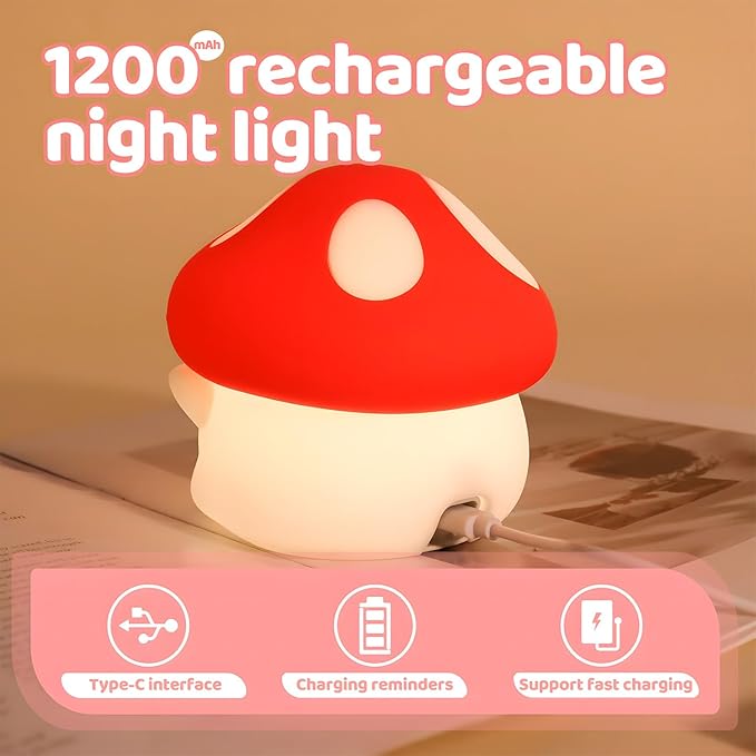 Mushroom Night Light, Squishy Silicone Lamp - Tap Control 2 Brightness, 50H Battery & Auto Timer, Cute Mothers Day Gifts for Kids, Bedside Nursery Desk Mushroom Decor