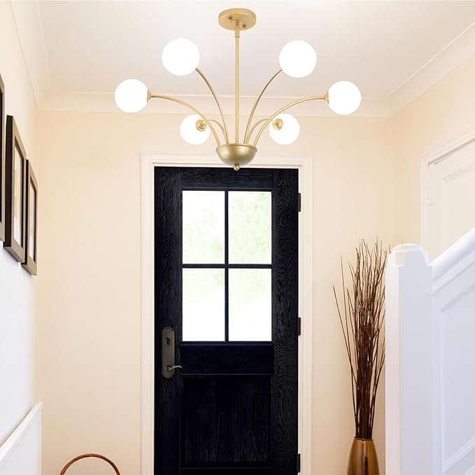 29.7” Modern Gold Chandelier 6-Lights Modern Vintage Golden Chandelier Light Fixture Rustic Farmhouse Glass Chandeliers for Dining Room, Kitchen Island, Bedroom, Living Room, Foyer, G9