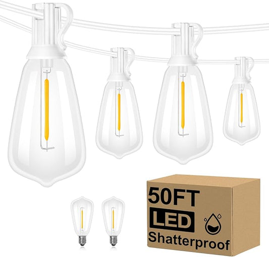 Brightever 50FT Outdoor String Lights Weatherproof, Patio Lights with 25+2 ST38 Edison Shatterproof Bulbs, Commercial Grade Warm White LED String Lights Decorative for Christmas, Wedding, Party, White