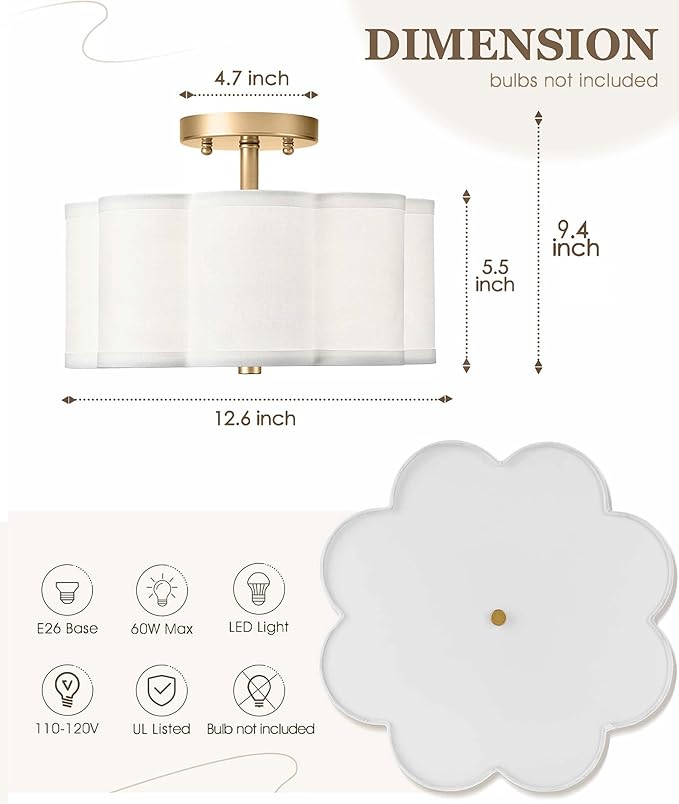 Gold Semi Flush Mount Ceiling Light, 3-Light 12.5" Ceiling Lighting Fixtures with Fabric Shade in Flower Shape, Farmhouse Brass Drum Lights for Nursery Hallway Bedroom, AD-22007-3SF-GD