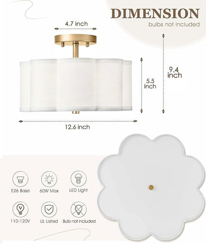 Gold Semi Flush Mount Ceiling Light, 3-Light 12.5" Ceiling Lighting Fixtures with Fabric Shade in Flower Shape, Farmhouse Brass Drum Lights for Nursery Hallway Bedroom, AD-22007-3SF-GD