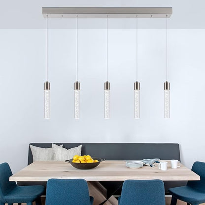 Pendant Light Kitchen Island with Remote Control - Brushed Nickel Adjustable Height Kitchen Island Light, 3000K/4000K/6000K Dimmable LED Handing Light for Dining Room, Bar, Hallway