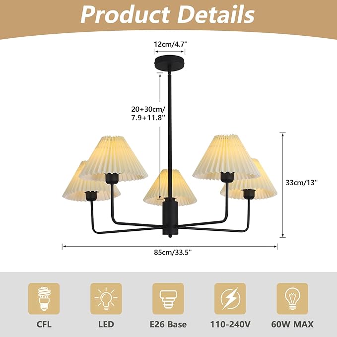 KCO Lighting Vintage Pleated Fabric Ceiling Light Fixture Mid Century Modern Black Chandelier Contemporary Large White Chandelier 5 Light Chandeliers for Dining Room Living Room