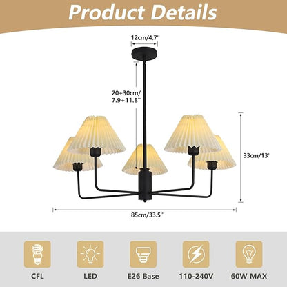 KCO Lighting Vintage Pleated Fabric Ceiling Light Fixture Mid Century Modern Black Chandelier Contemporary Large White Chandelier 5 Light Chandeliers for Dining Room Living Room