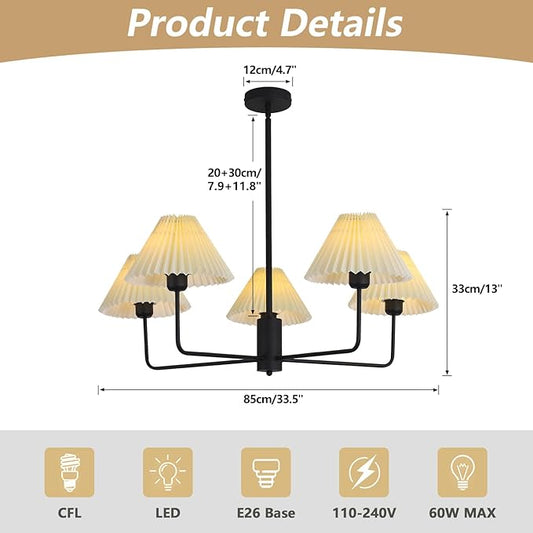 KCO Lighting Vintage Pleated Fabric Ceiling Light Fixture Mid Century Modern Black Chandelier Contemporary Large White Chandelier 5 Light Chandeliers for Dining Room Living Room