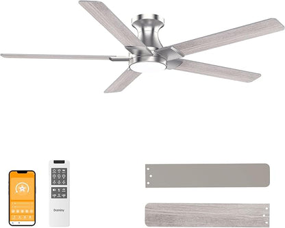 DAMINY 52 inch Nickel Ceiling Fans with Lights,5 Blades,6CCT, Low Profile,Remote Control,for Bedroom, Kitchen,Living Room,Indoor/Outdoor Use,Flush Mount