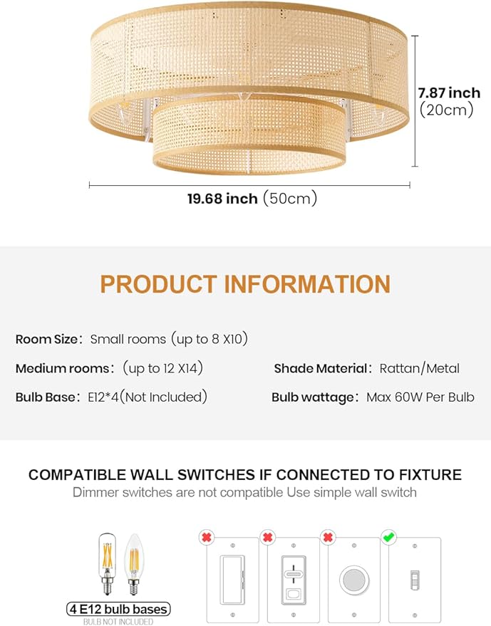 20'' Caged Ceiling Fans with Lights, Boho Flush Mount Ceiling Fan with Light, Rattan Bladeless with 6 Speeds, Low Profile Remote Control for Bedroom,Dining Room